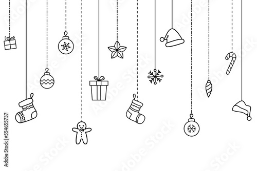Christmas greeting design. Horizontal seamless pattern with holiday signs and symbols hanging on white background, Vector illustration.