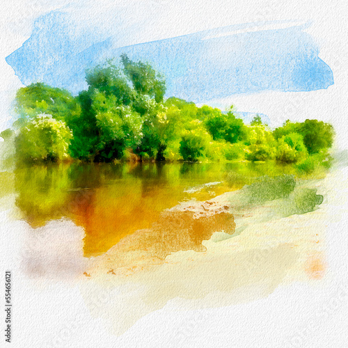 Watercolor painting with a view of a beautiful forest lake