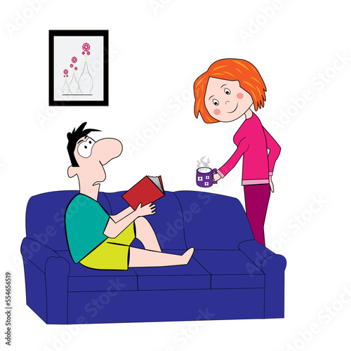 Hombre leyendo un libro y mujer llevándole un café.