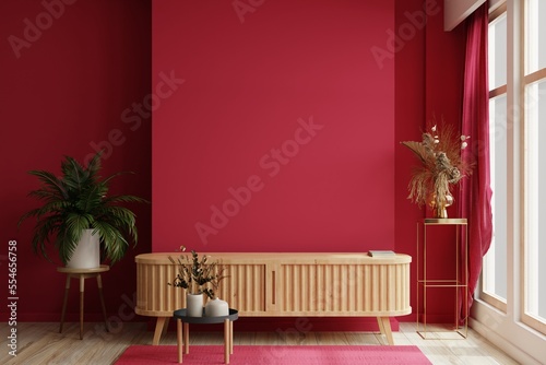 Tableau sur toile Cabinet for TV in modern living room on white viva magenta wall background