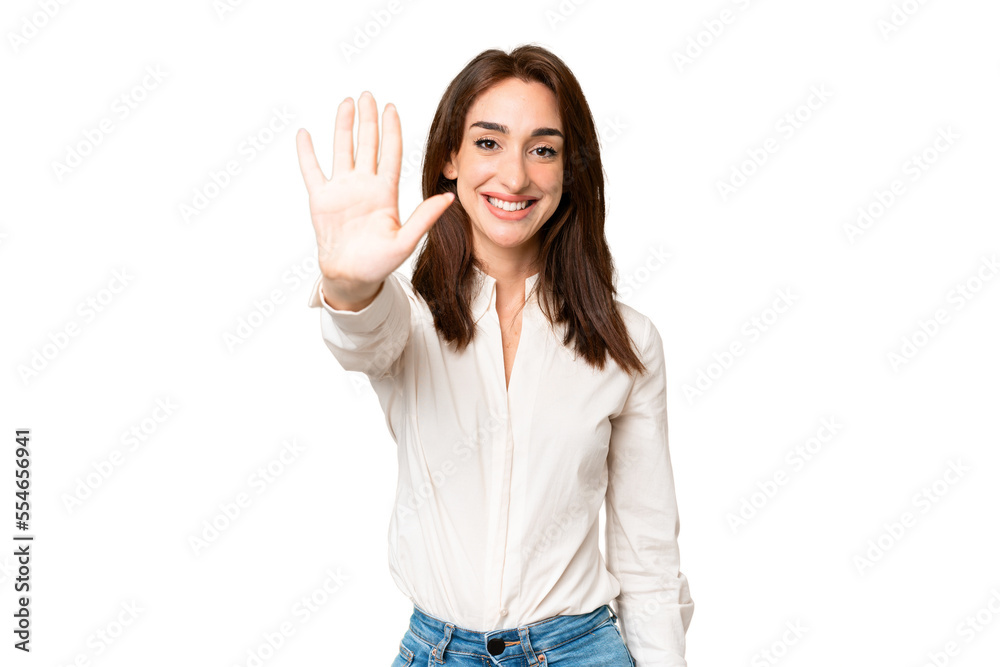 Young caucasian woman over isolated chroma key background counting five with fingers Young caucasian woman over isolated chroma key background counting five with fingers