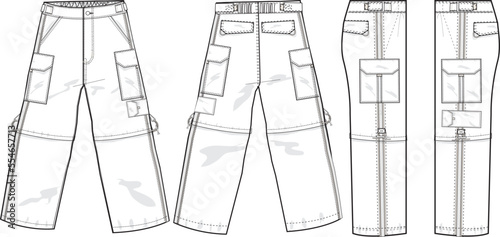 MEN AND BOYS BOTTOM WEAR CARGO PANT FRONT BACK AND BOTH SIDES VIEW FLAT DESIGN VECTOR