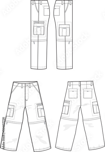 MEN AND BOYS BOTTOM WEAR CARGO PANT FRONT BACK AND BOTH SIDES VIEW FLAT DESIGN VECTOR