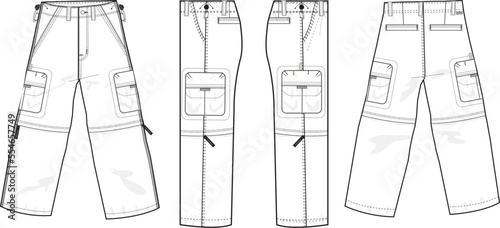 MEN AND BOYS BOTTOM WEAR CARGO PANT FRONT BACK AND BOTH SIDES VIEW FLAT DESIGN VECTOR