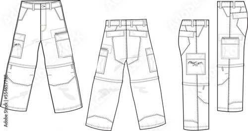MEN AND BOYS BOTTOM WEAR CARGO PANT FRONT BACK AND BOTH SIDES VIEW FLAT DESIGN VECTOR