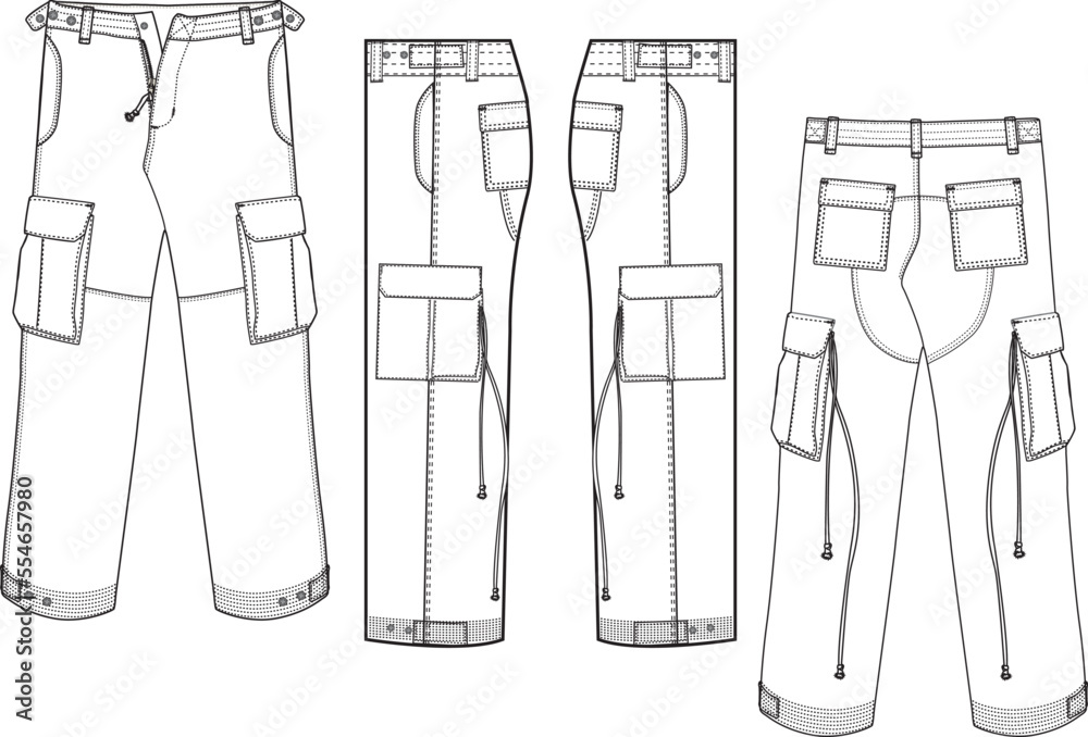 MEN AND BOYS BOTTOM WEAR CARGO PANT FRONT BACK AND BOTH SIDES VIEW FLAT DESIGN VECTOR MEN AND BOYS BOTTOM WEAR CARGO PANT FRONT BACK AND BOTH SIDES VIEW FLAT DESIGN VECTOR