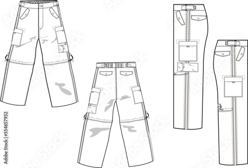 MEN AND BOYS BOTTOM WEAR CARGO PANT FRONT BACK AND BOTH SIDES VIEW FLAT DESIGN VECTOR