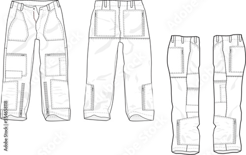 MEN AND BOYS BOTTOM WEAR CARGO PANT FRONT BACK AND BOTH SIDES VIEW FLAT DESIGN VECTOR