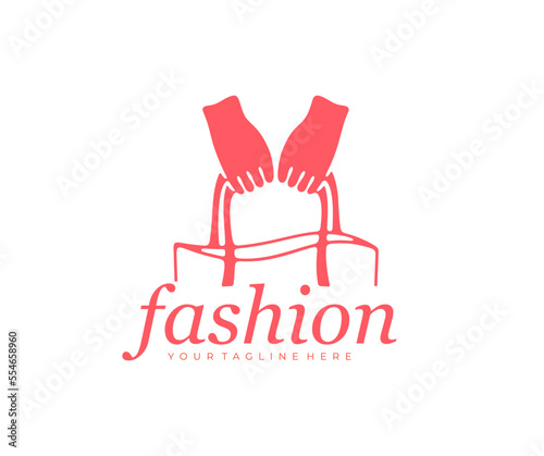 Hands holding a bag, woman or girl, fashion and accessories, logo design. Shopping and purchases, handbag or paper bag, bag canvas fabric with handle, vector design and illustration