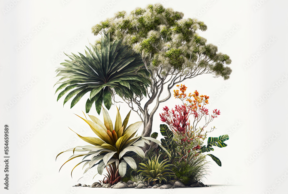 A tropical plant, flower, shrub, and tree are isolated on a white backdrop. Generative AI