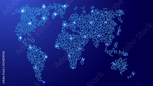 World map, from blue pattern latin alphabet scattered letters and glowing space stars, moving sideways.
 photo