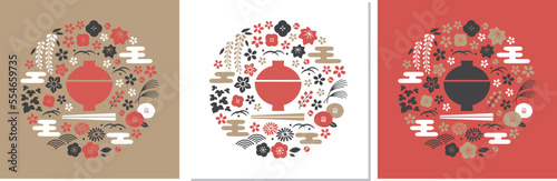 和食イメージと植物の円形デザイン3パターン