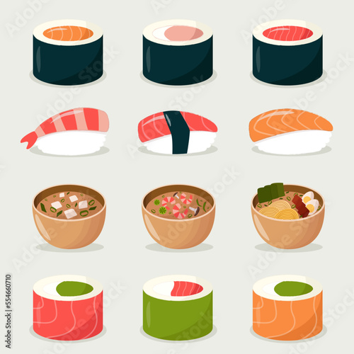 Set of japanese food - sushi rolls, nigiri, soups. Asian foos in flat style. 