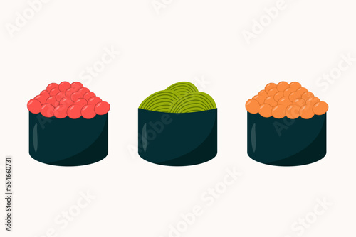 Set of gunkan sushi with caviar and chuka. Asian food in flat style.