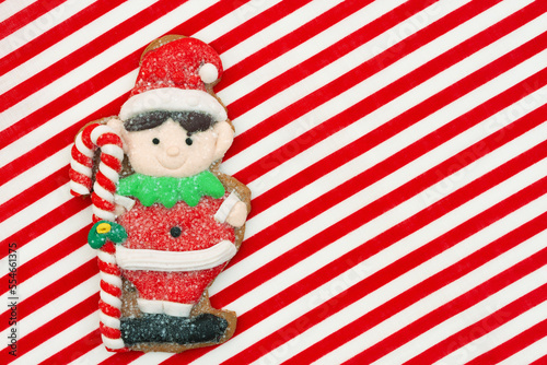 Cute gingerbread elf on red and white striped material holiday background © Karen Roach