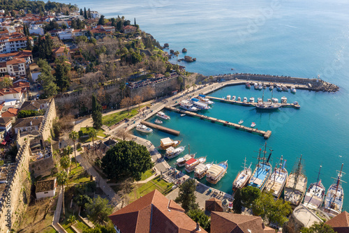 Drone view of marina in Antalya Old Town (Kaleichi) on sunny winter day, Turkey.