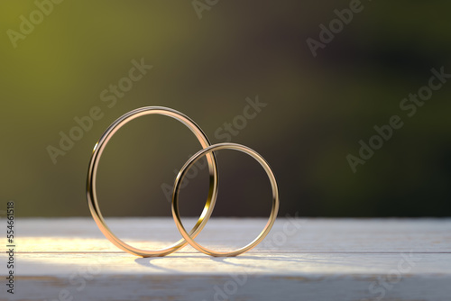 Two thin, wedding gold rings on a wooden surface in the morning sun against the backdrop of a forest. 3d render.