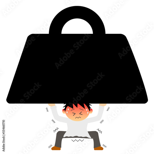 重りを支える男性。負担、悩み、苦しみ、ストレスに押し潰されそうになる人のコンセプト。