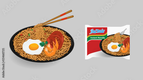 Cartoon vector illustration of Indonesian Popular Instant Noodle. Served with Sunny Side Egg, Tomato, Cucumber, and chilli.