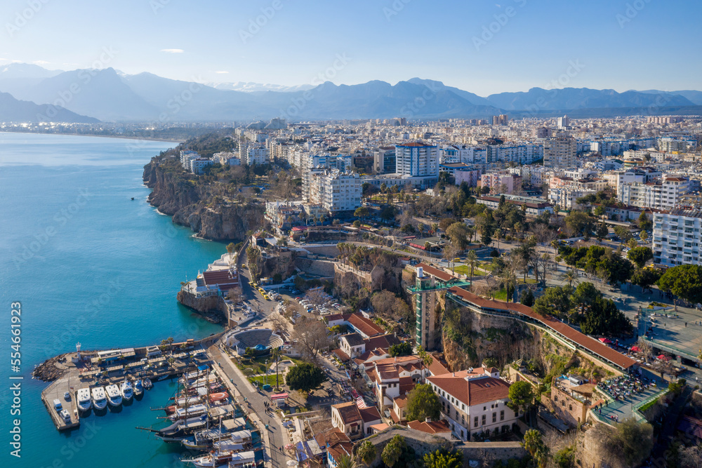 Aerial view of Antalya and marina in Old Town (Kaleichi) on sunny winter day.. Turkey.