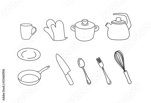 doodle set of dishes, for a shop of dishes, design for a poster, a pattern for a banner with black lines on white