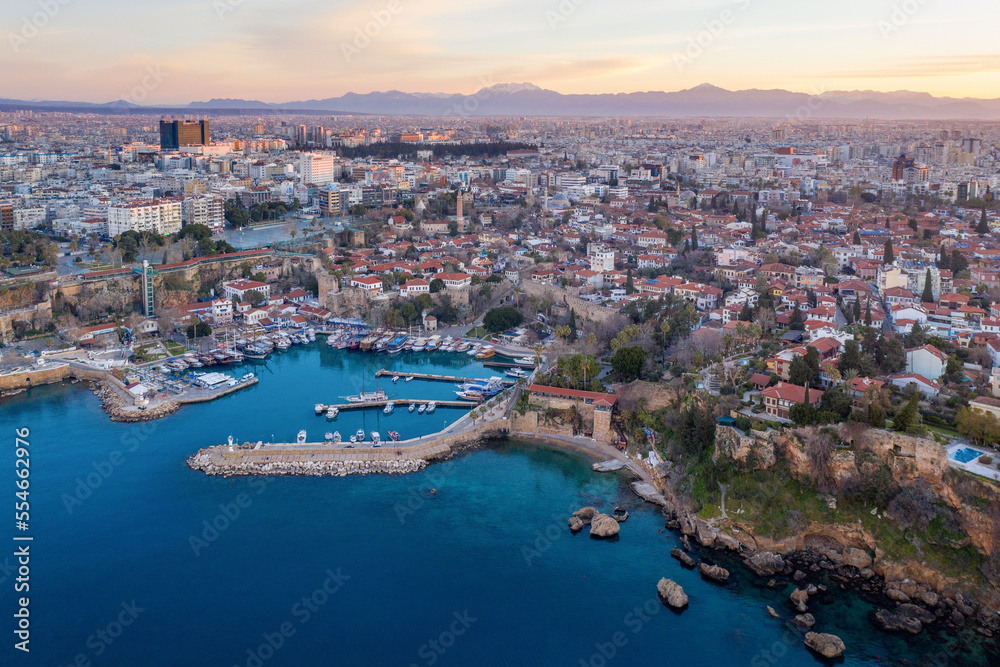Aerial view of Old Town marina at sunrise. Antalya, Turkey.