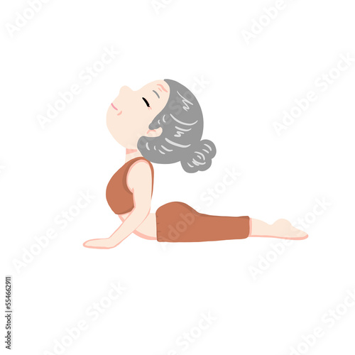 Old woman doing yoga illustration, Elderly female exercise and practicing yoga