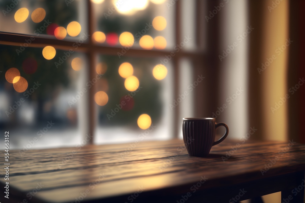 This is an illustration of a quaint table with a large window in the front. The table is set for the upcoming Christmas season This is an illustration of a quaint table with a large window in the front. The table is set for the upcoming Christmas season