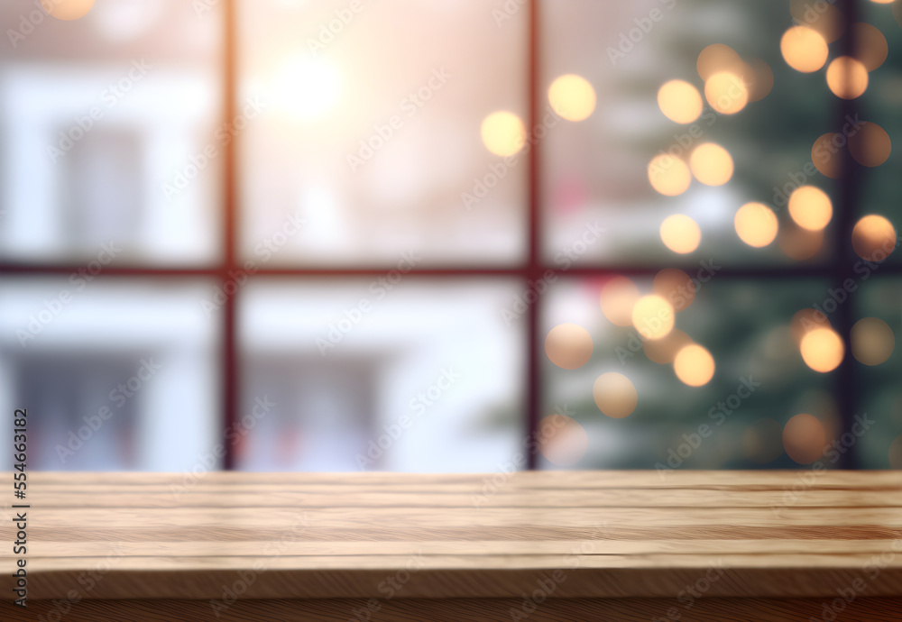 This is an illustration of a quaint table with a large window in the front. The table is set for the upcoming Christmas season