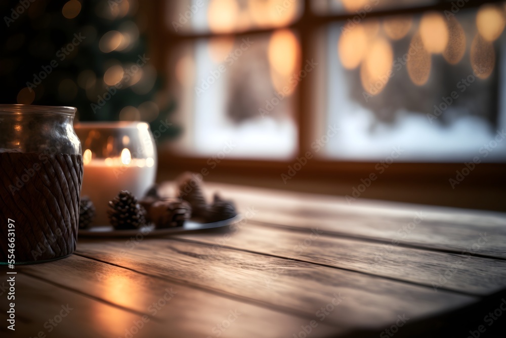 This is an illustration of a quaint table with a large window in the front. The table is set for the upcoming Christmas season This is an illustration of a quaint table with a large window in the front. The table is set for the upcoming Christmas season