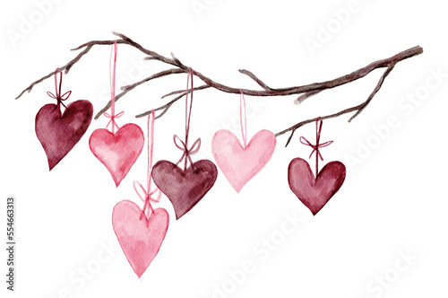 Hearts on Branch in Pink and Red, Watercolor Element Clip Art for Valentines Day and Wedding Graphic Designs