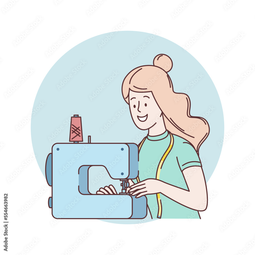 Seamstress sewing on an industrial sewing machine. Young seamstress at work in a cloth factory. A woman housewife sews on the sewing machine. Fashion and tailoring concept. Vector flat illustration Seamstress sewing on an industrial sewing machine. Young seamstress at work in a cloth factory. A woman housewife sews on the sewing machine. Fashion and tailoring concept. Vector flat illustration