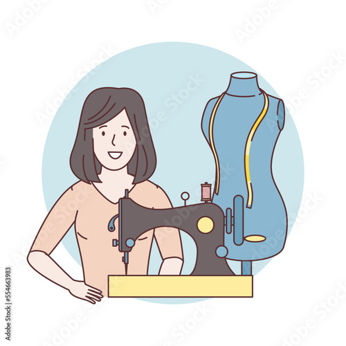 Seamstress sewing on a vintage sewing machine. Young seamstress at work in a cloth factory. Mannequin. Woman housewife sews on the sewing machine. Fashion and tailoring concept. Vector illustration