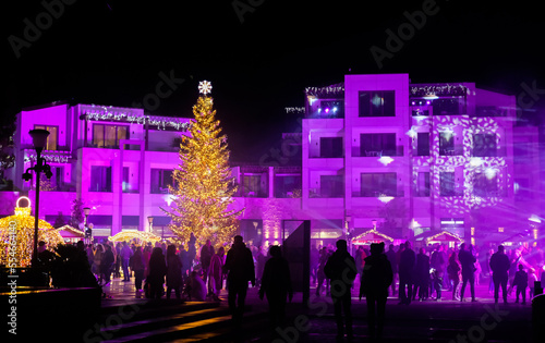Christmas eve installation on the Portonovi square, Montenegro. New Year mood and Christmas tree, market.