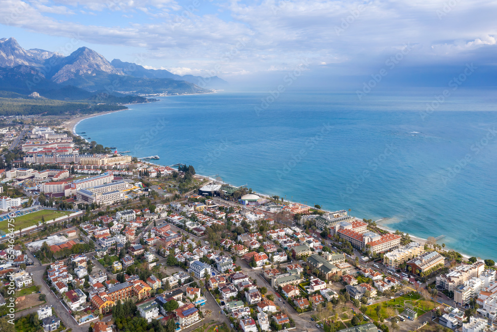 Aerial view of Kemer and Mediterranean  Sea on winter day.