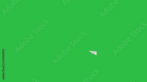 Thrown animated paper plane flying far away from the camera, disappears on horizon, green screen background