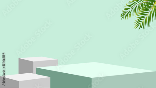3d green color products display podium scene with palm leaf summer platform. product background vector 3d render with podium. stand to show cosmetic products