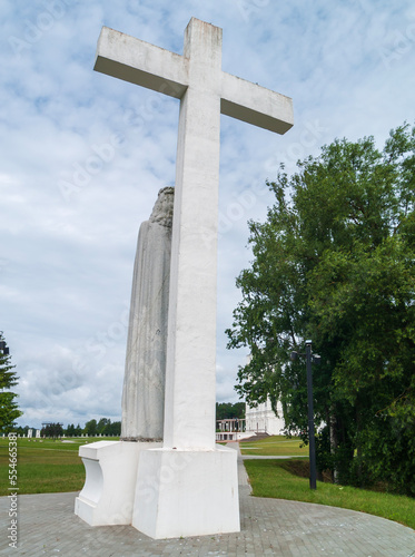 Big cross monument at Aglona church garden , Latvia.