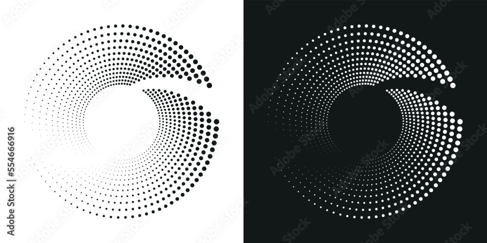Halftone circular frame logo set. Circle dots isolated on the white background. Fabric design element. Halftone circle dots texture. Vector design element for various purposes.	