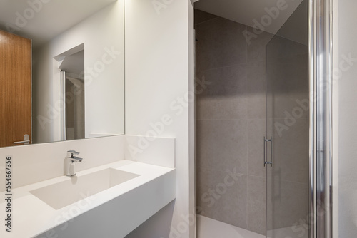 Wide open glass door leads from bathroom to shower area with gray ceramic tile walls and white tiled floors. Bathroom has white sanitary ware sink with metal faucet and large mirror.