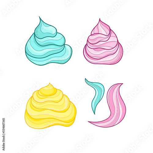 Whipped cream, marshmallows. Vector set of multicolored glaze on a white background.