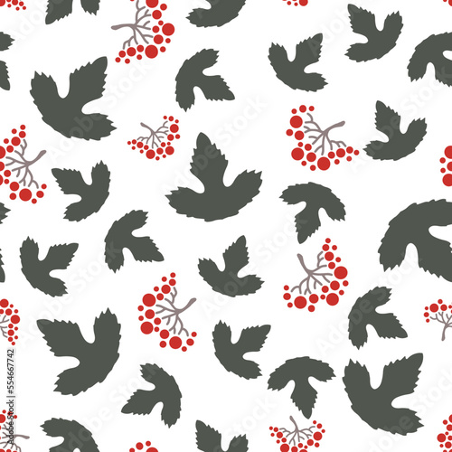 Viburnum seamless pattern. Christmas colors winter floral background with berries leaves