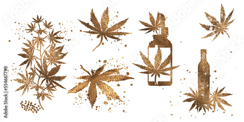 Golden design. hemp leaves. Hand drawn. Different glass bottles with CBD oil, hemp oil and hemp seeds. Cosmetics CBD oil for health.