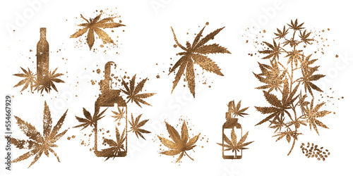 Golden design. hemp leaves. Hand drawn. Different glass bottles with CBD oil, hemp oil and hemp seeds. Cosmetics CBD oil for health.