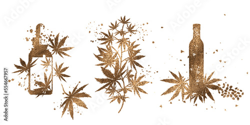 Golden design. hemp leaves. Hand drawn. Different glass bottles with CBD oil, hemp oil and hemp seeds. Cosmetics CBD oil for health.