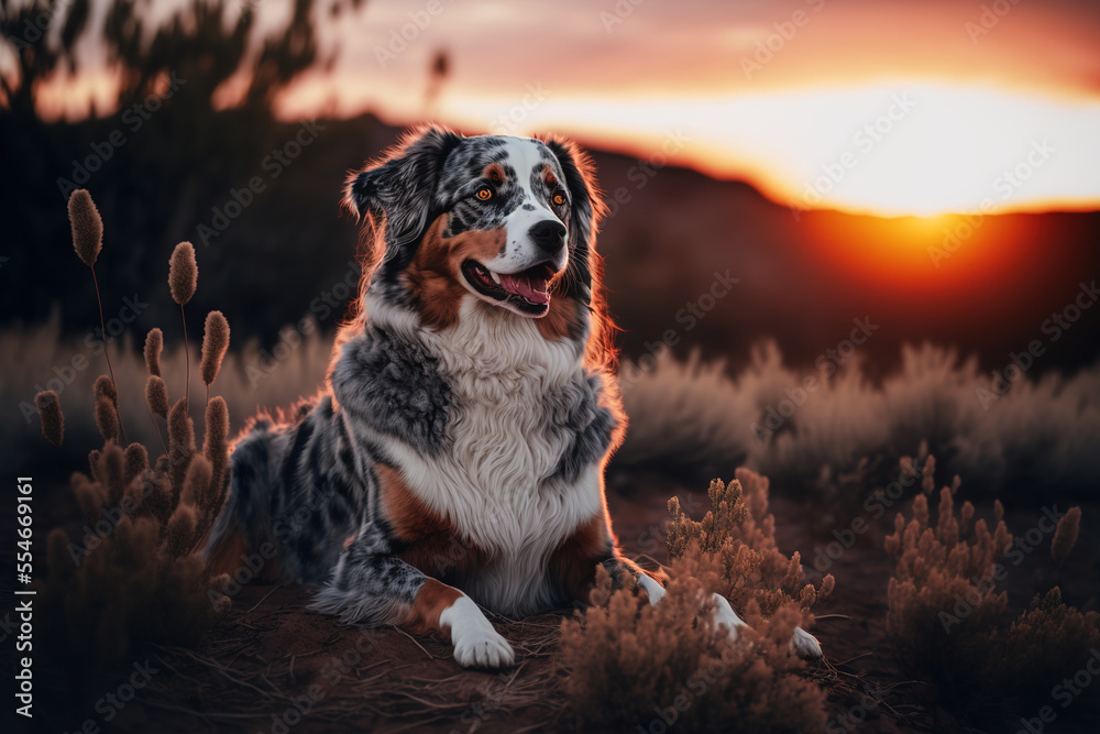Australian shepherd portrait in nature. Concept of animal life, care, health and pets. AI