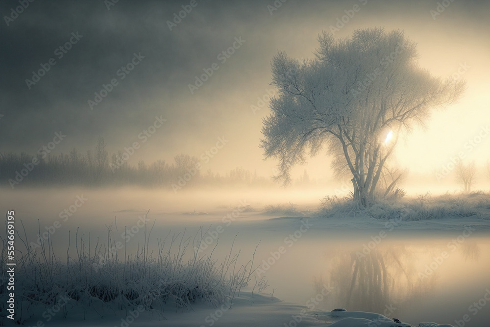 Winter foggy landscape with lonely tree and river. Moody and atmospheric. AI