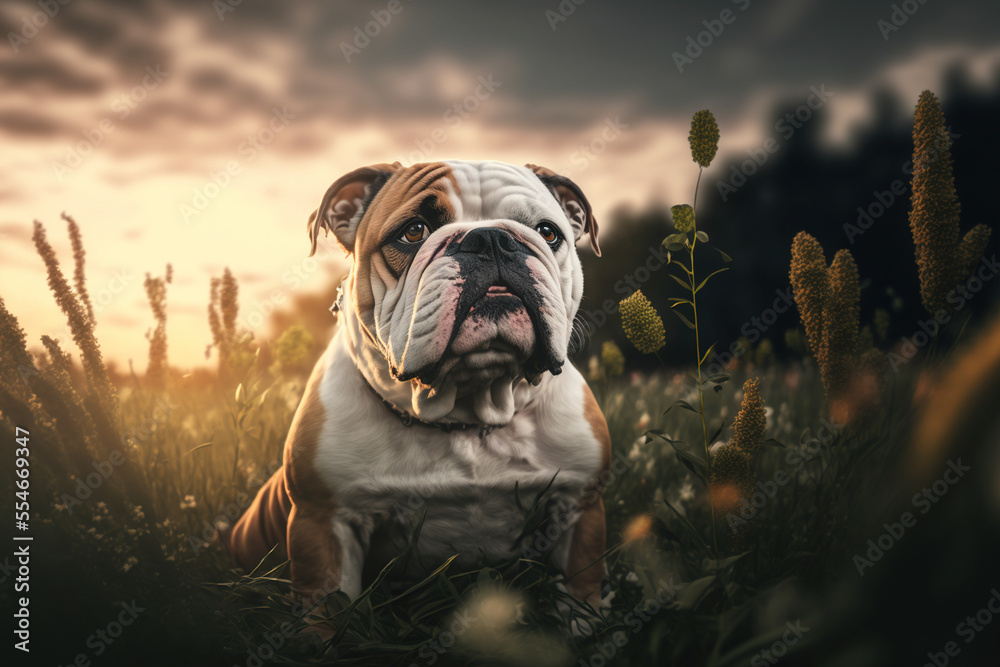 Bulldog portrait in nature. Concept of animal life, care, health and pets. AI