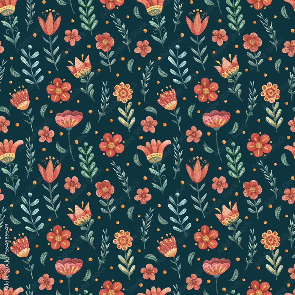 Red flowers, petals, leaves and twigs seamless watercolor pattern in vintage style. Stylized plants background on dark background for fabrics, wrapping paper, design, etc. Red flowers, petals, leaves and twigs seamless watercolor pattern in vintage style. Stylized plants background on dark background for fabrics, wrapping paper, design, etc.