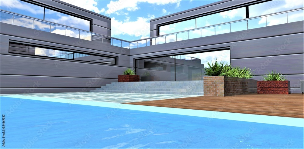 Waves in the blue water pool in front of the glass door entrance to the contemporary private house constructed according to a stunning design. 3d rendering. Waves in the blue water pool in front of the glass door entrance to the contemporary private house constructed according to a stunning design. 3d rendering.